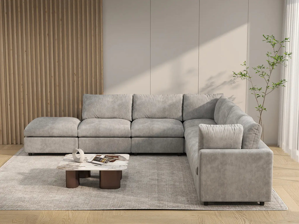 Deluxe Cloud 6-Seater Light Grey V-Shaped Sectional | 7-Piece (Includes 1 Ottoman), Linen-Blend Chenille Fabric, Washable Cushion Covers