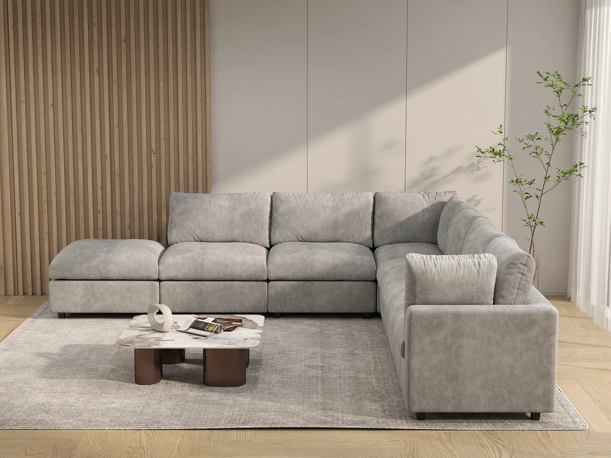 Deluxe Cloud 6-Seater Light Grey V-Shaped Sectional | 7-Piece (Includes 1 Ottoman), Linen-Blend Chenille Fabric, Washable Cushion Covers