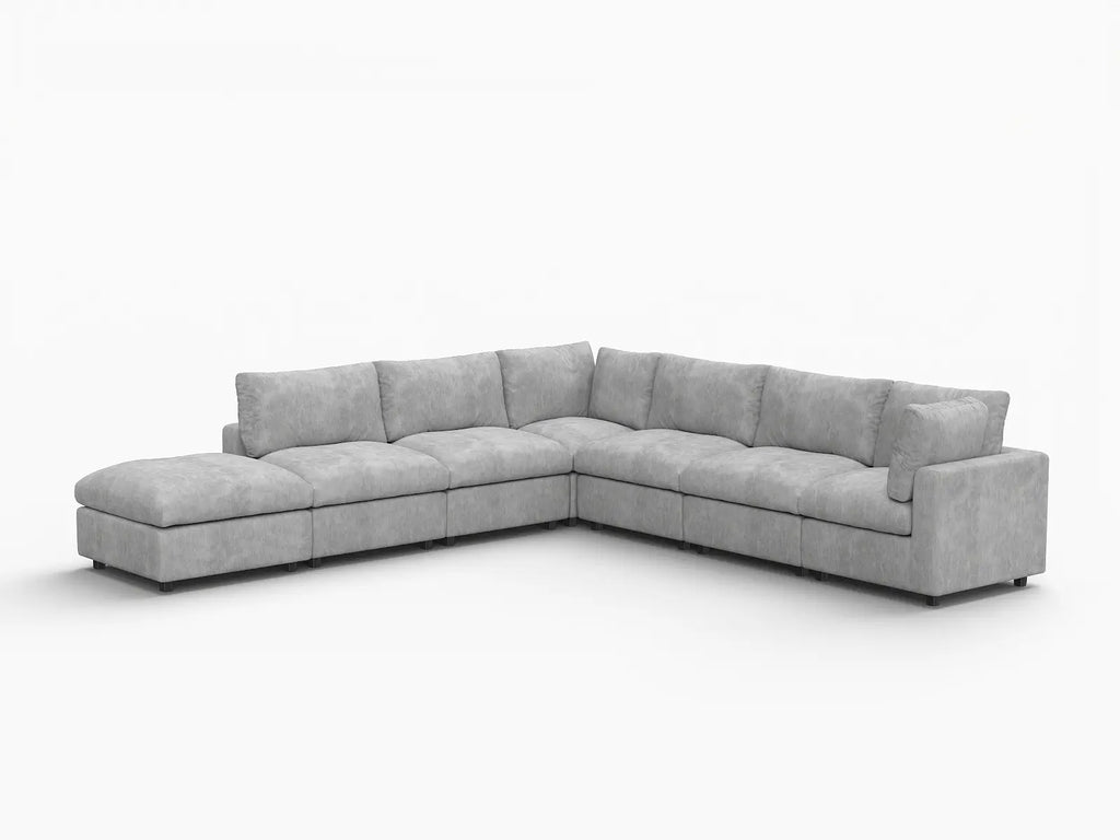 Deluxe Cloud 6-Seater Light Grey V-Shaped Sectional | 7-Piece (Includes 1 Ottoman), Linen-Blend Chenille Fabric, Washable Cushion Covers