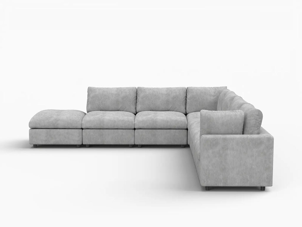 Deluxe Cloud 6-Seater Light Grey V-Shaped Sectional | 7-Piece (Includes 1 Ottoman), Linen-Blend Chenille Fabric, Washable Cushion Covers