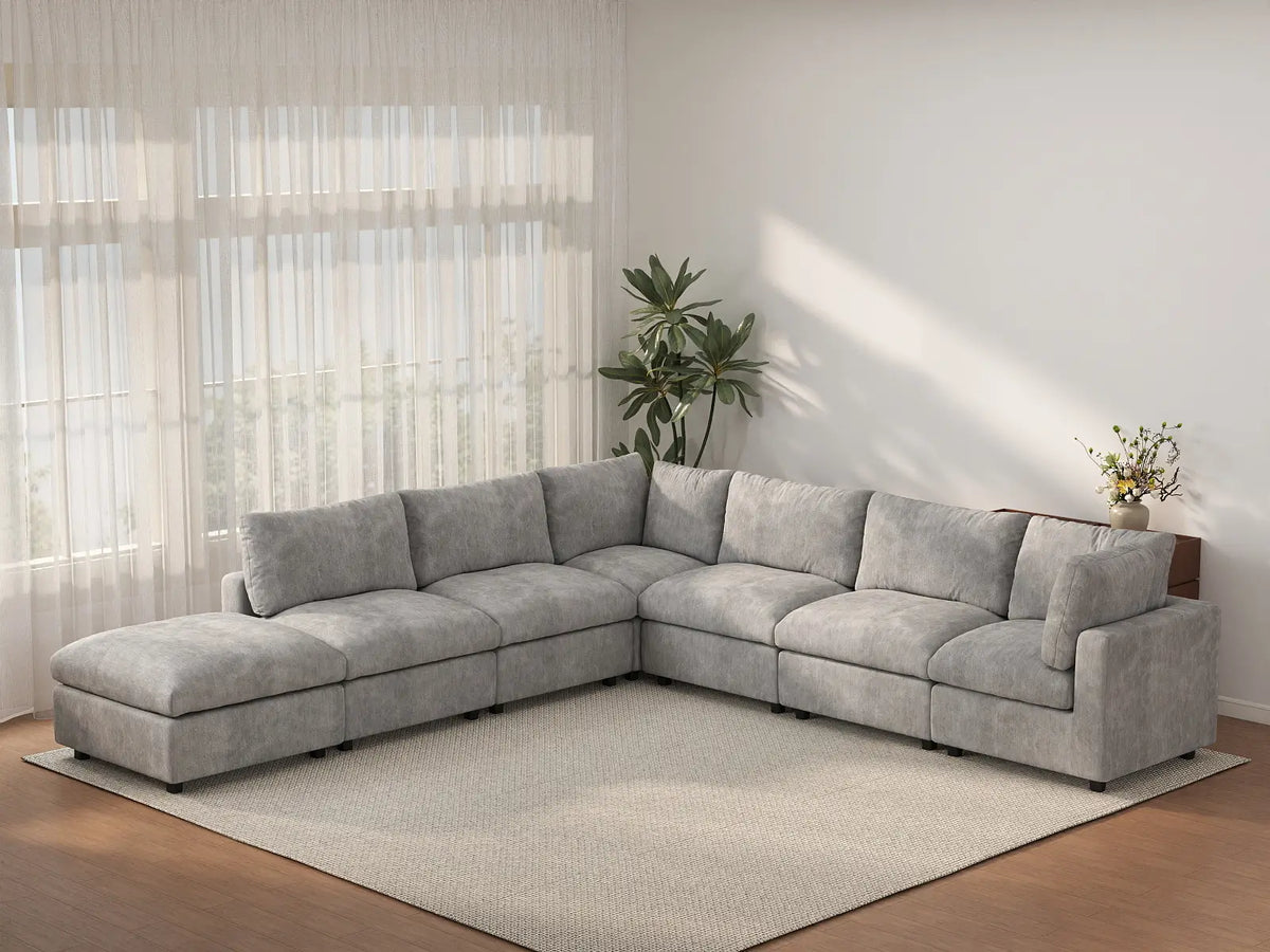 Deluxe Cloud 6-Seater Light Grey V-Shaped Sectional | 7-Piece (Includes 1 Ottoman), Linen-Blend Chenille Fabric, Washable Cushion Covers