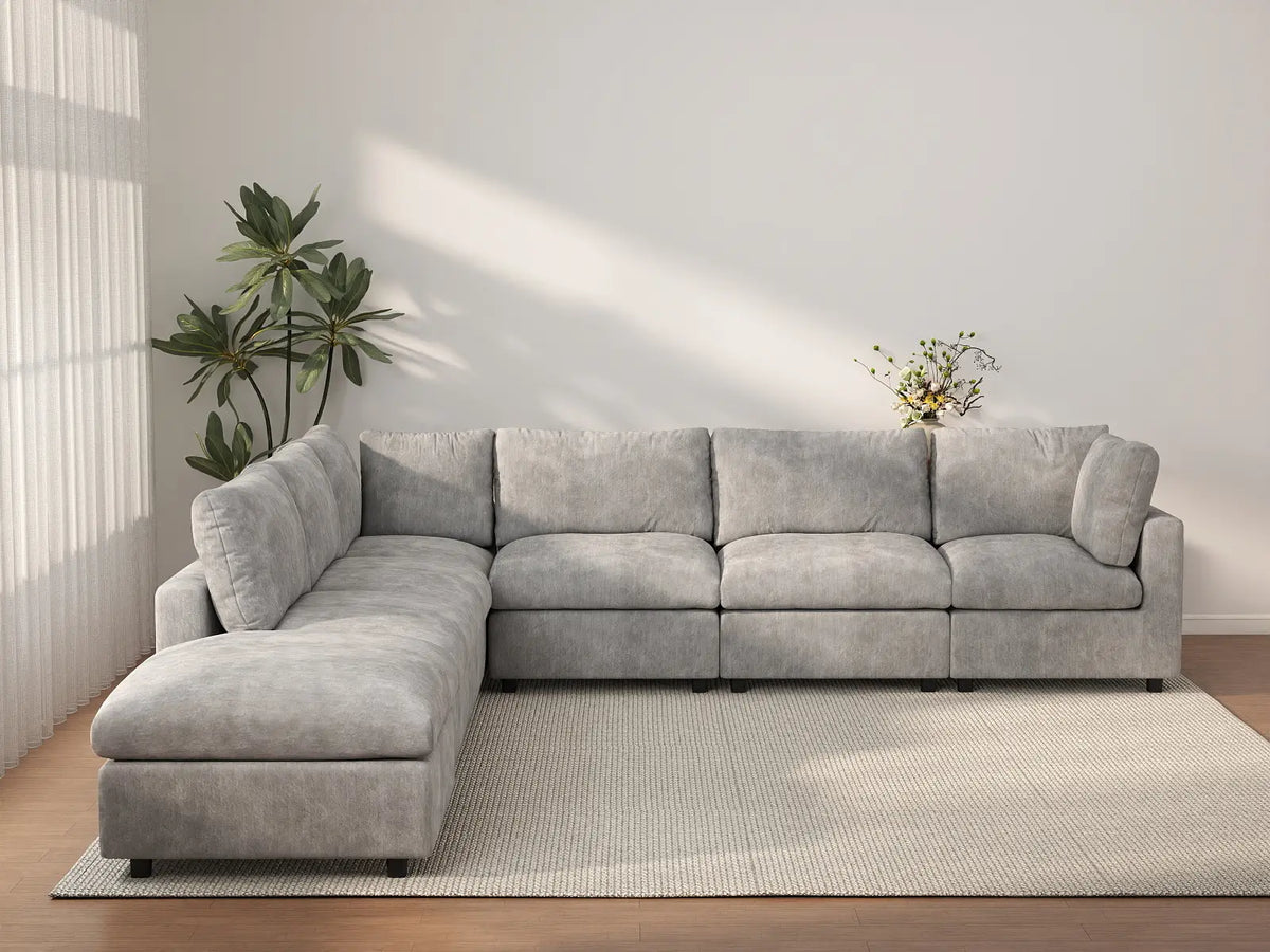 Deluxe Cloud 6-Seater Light Grey V-Shaped Sectional | 7-Piece (Includes 1 Ottoman), Linen-Blend Chenille Fabric, Washable Cushion Covers