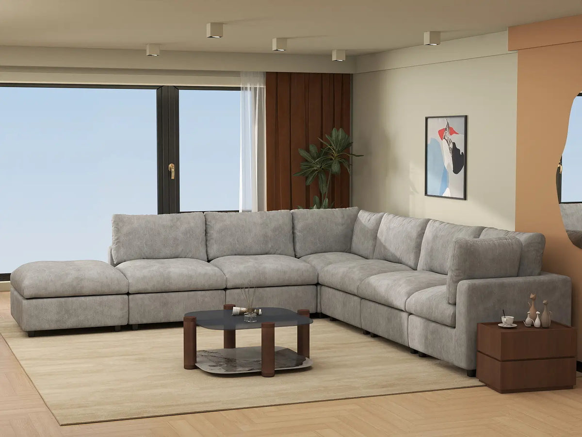Deluxe Cloud 6-Seater Light Grey V-Shaped Sectional | 7-Piece (Includes 1 Ottoman), Linen-Blend Chenille Fabric, Washable Cushion Covers