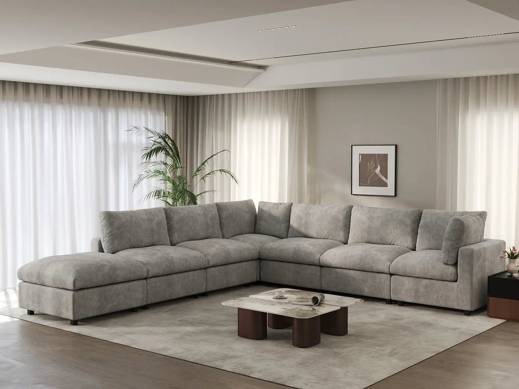 Deluxe Cloud 6-Seater Light Grey V-Shaped Sectional | 7-Piece (Includes 1 Ottoman), Linen-Blend Chenille Fabric, Washable Cushion Covers