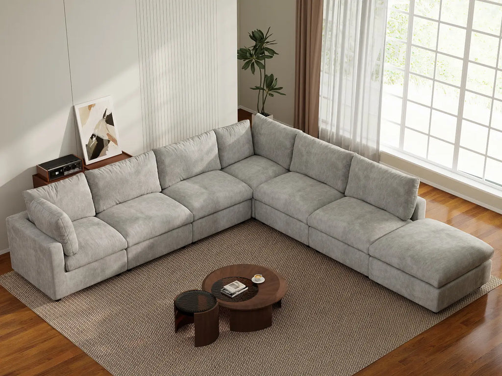 Deluxe Cloud 6-Seater Light Grey V-Shaped Sectional | 7-Piece (Includes 1 Ottoman), Linen-Blend Chenille Fabric, Washable Cushion Covers