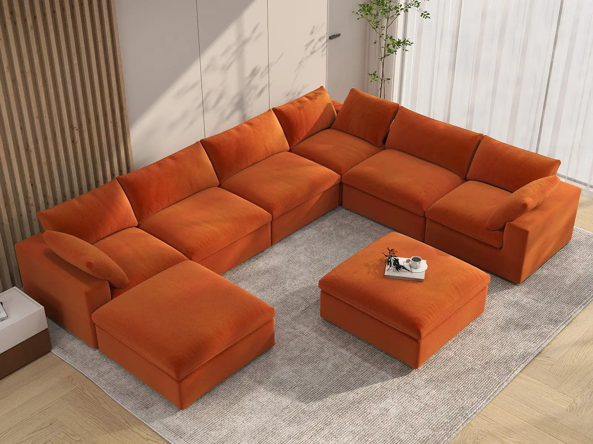 Deluxe Cloud 6-Seater Orange Sofa Set | 8-Piece (Includes 2 Ottomans), Velvet Fabric, Living Room, Washable Cushion Covers