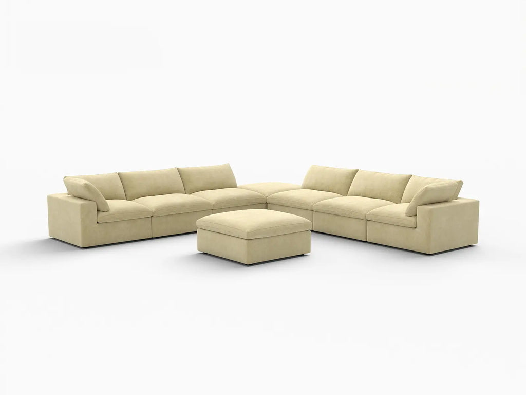 Deluxe Cloud 6-Seater Sofa Set in Beige Velvet | 8-Piece (Includes 2 Ottomans), Living Room, Easy To Clean, Open Space