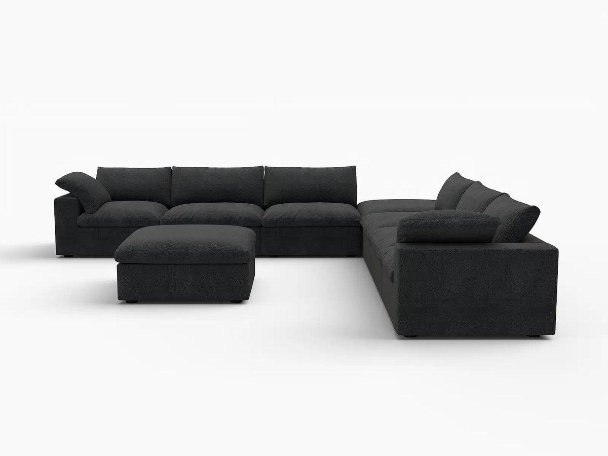 Deluxe Cloud 6-Seater Sofa Set in Black Cotton And Linen | 8-Piece (Includes 2 Ottomans), Living Room, Easy To Clean, Open Space