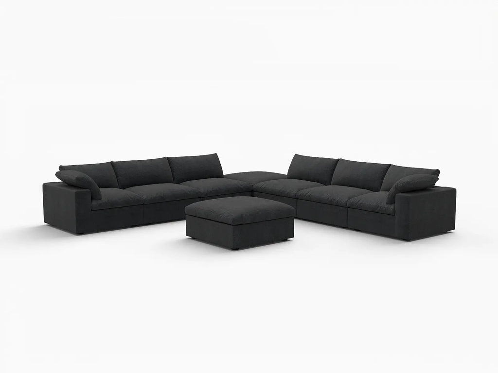 Deluxe Cloud 6-Seater Sofa Set in Black Cotton And Linen | 8-Piece (Includes 2 Ottomans), Living Room, Easy To Clean, Open Space