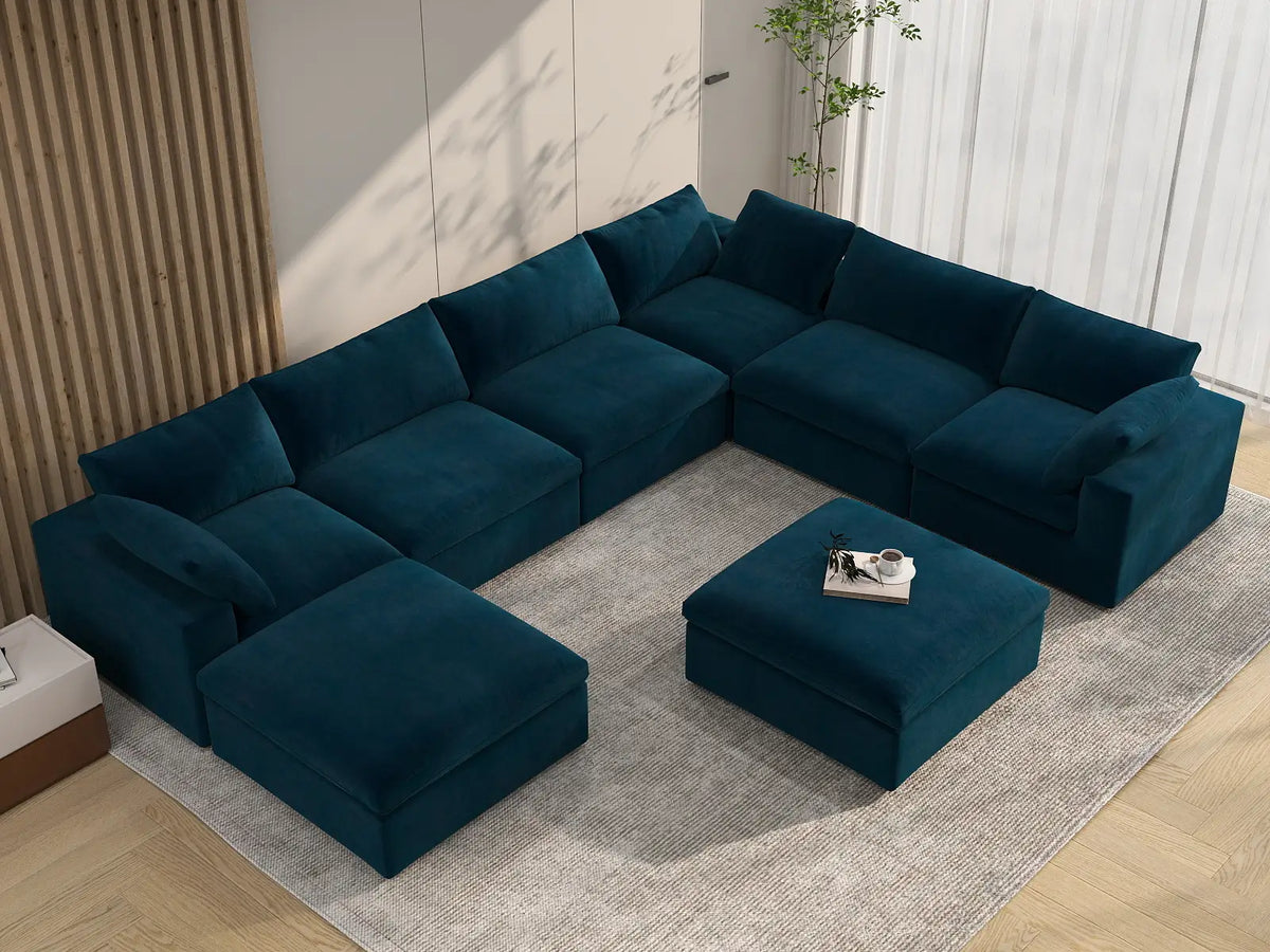 Deluxe Cloud 6-Seater Sofa Set in Dark Blue Velvet | 8-Piece (Includes 2 Ottomans), Living Room, Easy To Clean, Modular Design