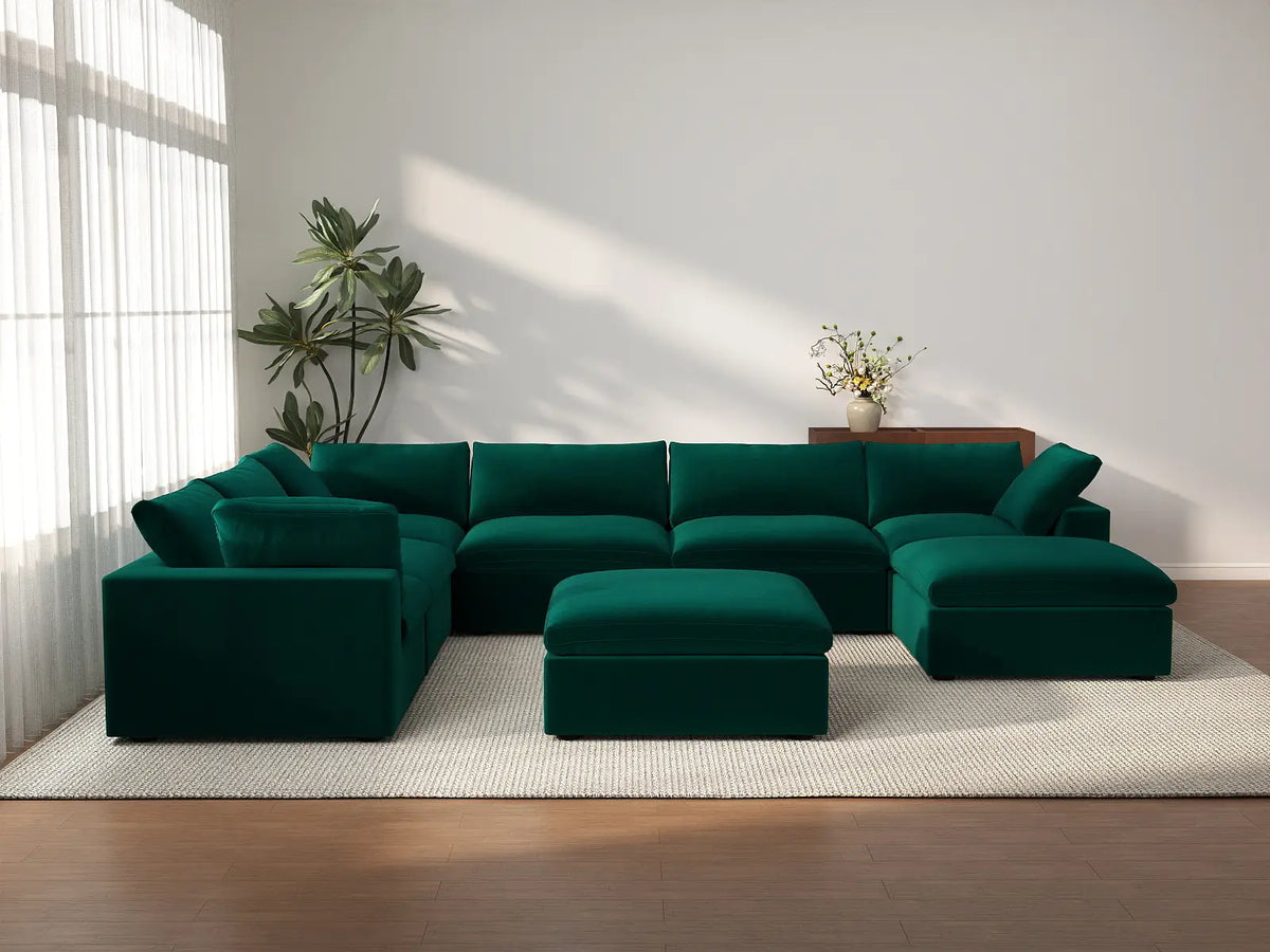 Deluxe Cloud 6-Seater Sofa Set in Gem Green Velvet | 8-Piece (Includes 2 Ottomans), Living Room, Easy To Clean, Stylish Design