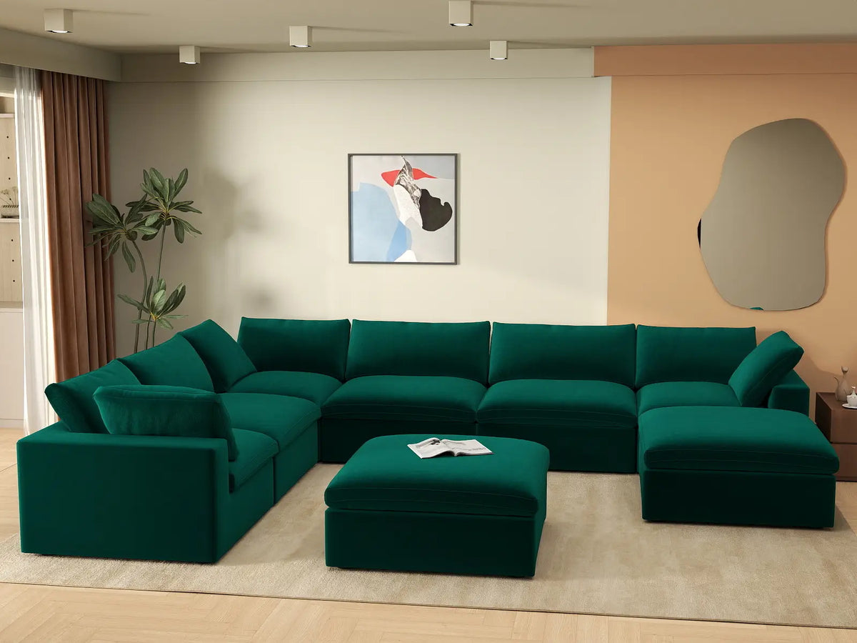 Deluxe Cloud 6-Seater Sofa Set in Gem Green Velvet | 8-Piece (Includes 2 Ottomans), Living Room, Easy To Clean, Stylish Design