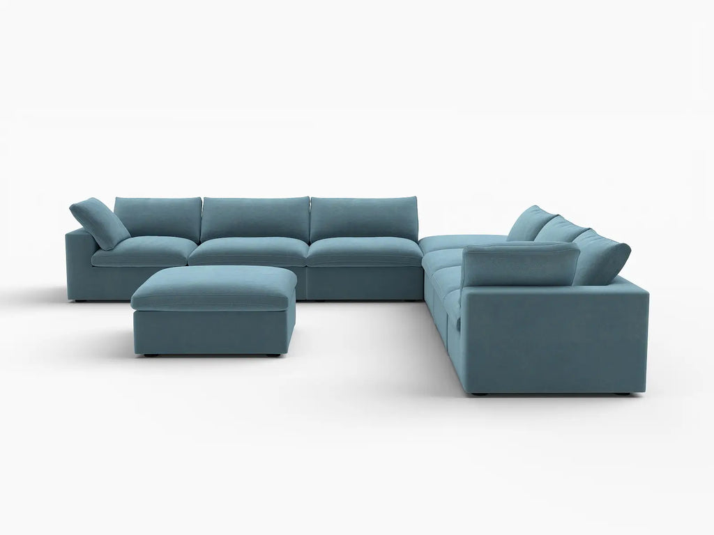 Deluxe Cloud 6-Seater Sofa Set in Light Blue Velvet | 8-Piece (Includes 2 Ottomans), Living Room, Easy To Clean, Modular Design