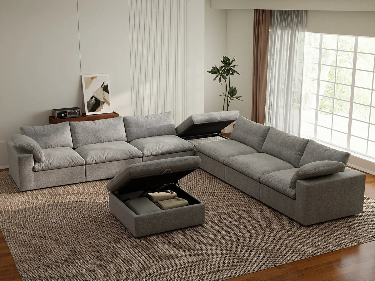 Deluxe Cloud 6-Seater Sofa Set in Light-Grey Cotton And Linen | 8-Piece (Includes 2 Ottomans), Living Room, Easy To Clean, Modern Style