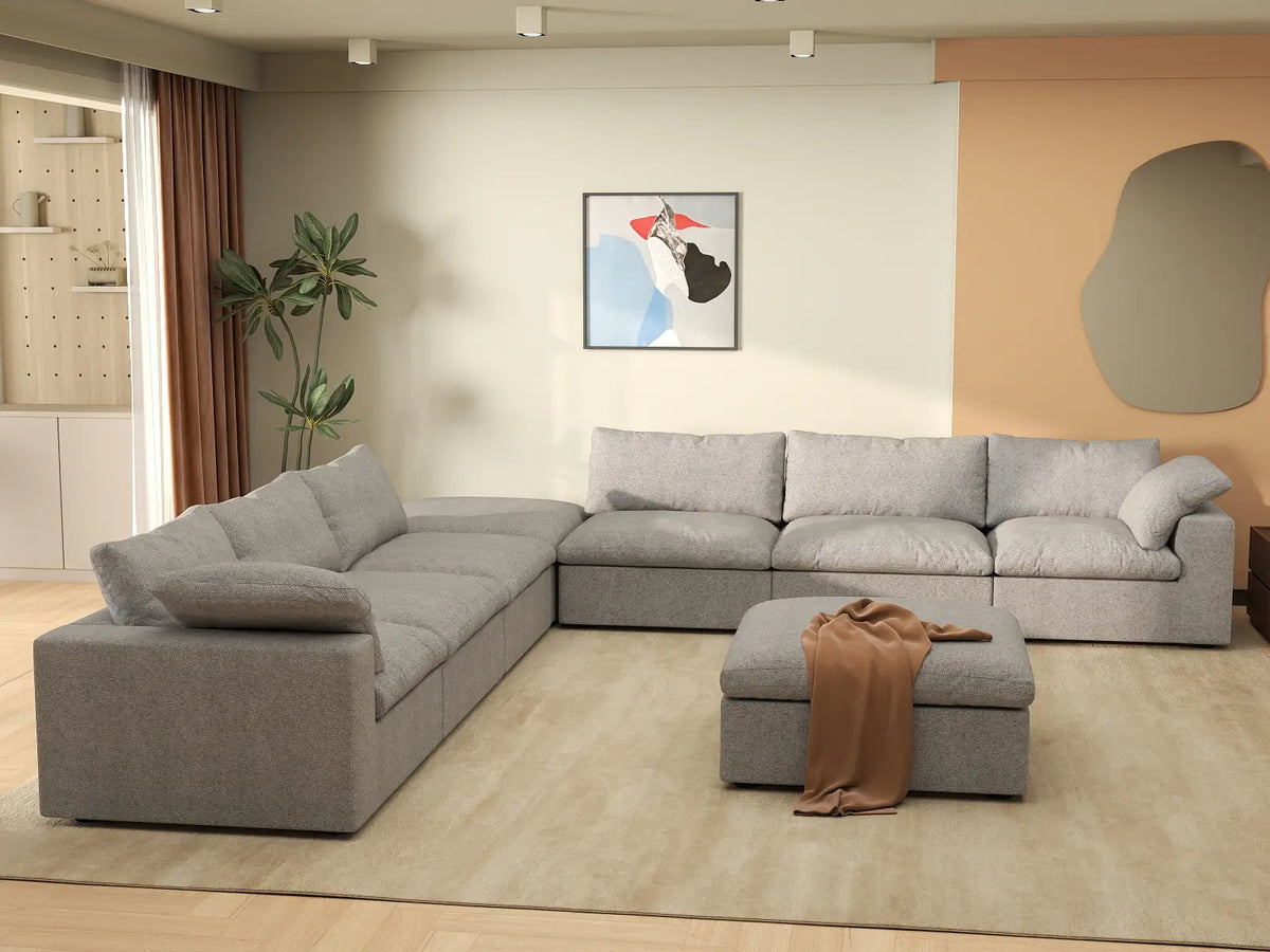 Deluxe Cloud 6-Seater Sofa Set in Light-Grey Cotton And Linen | 8-Piece (Includes 2 Ottomans), Living Room, Easy To Clean, Modern Style