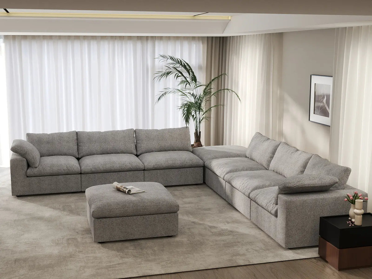 Deluxe Cloud 6-Seater Sofa Set in Light-Grey Cotton And Linen | 8-Piece (Includes 2 Ottomans), Living Room, Easy To Clean, Modern Style
