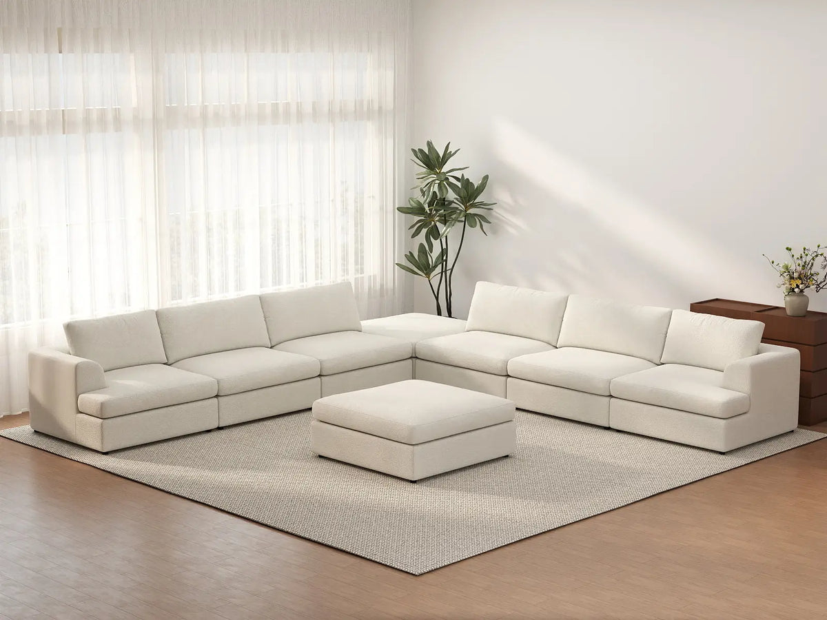 Deluxe Cloud 6-Seater White Open Space Sofa Set | 8-Piece (Includes 2 Ottomans), Bouclé Sherpa-Like Fabric, Easy To Clean