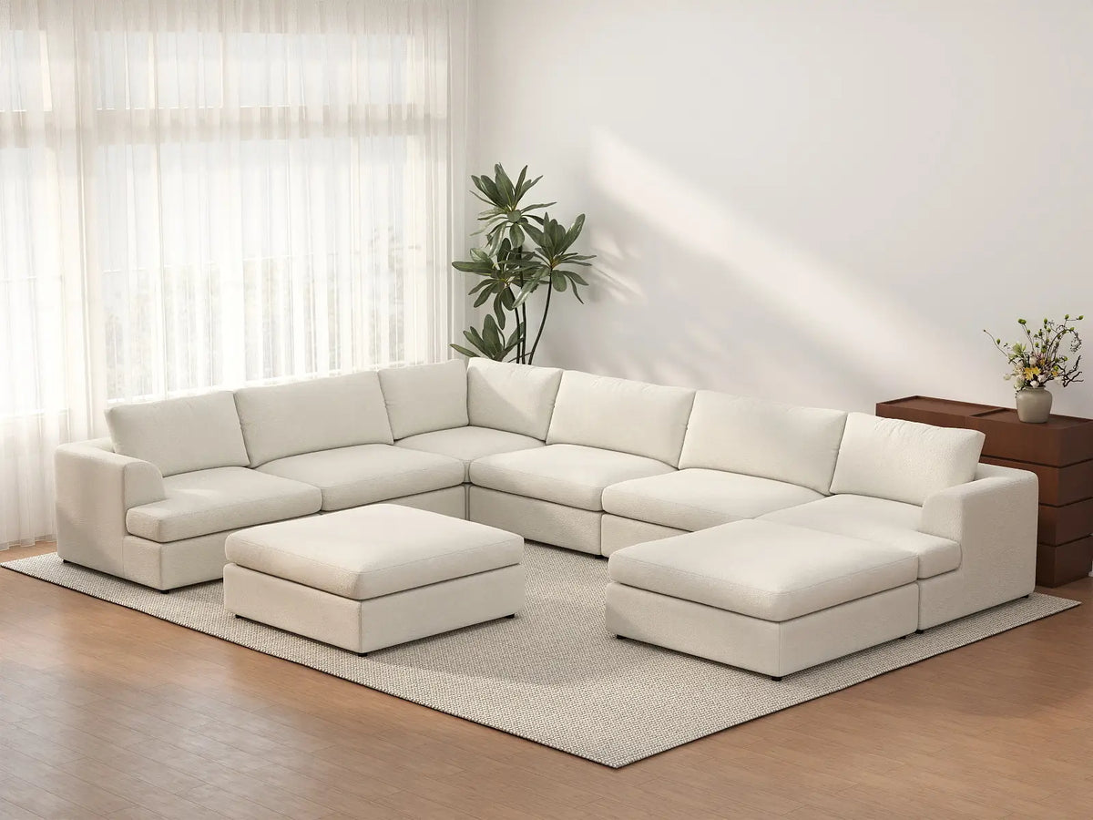 Deluxe Cloud 6-Seater White Open Space Sofa Set | 8-Piece (Includes 2 Ottomans), Bouclé Sherpa-Like Fabric, Easy To Clean