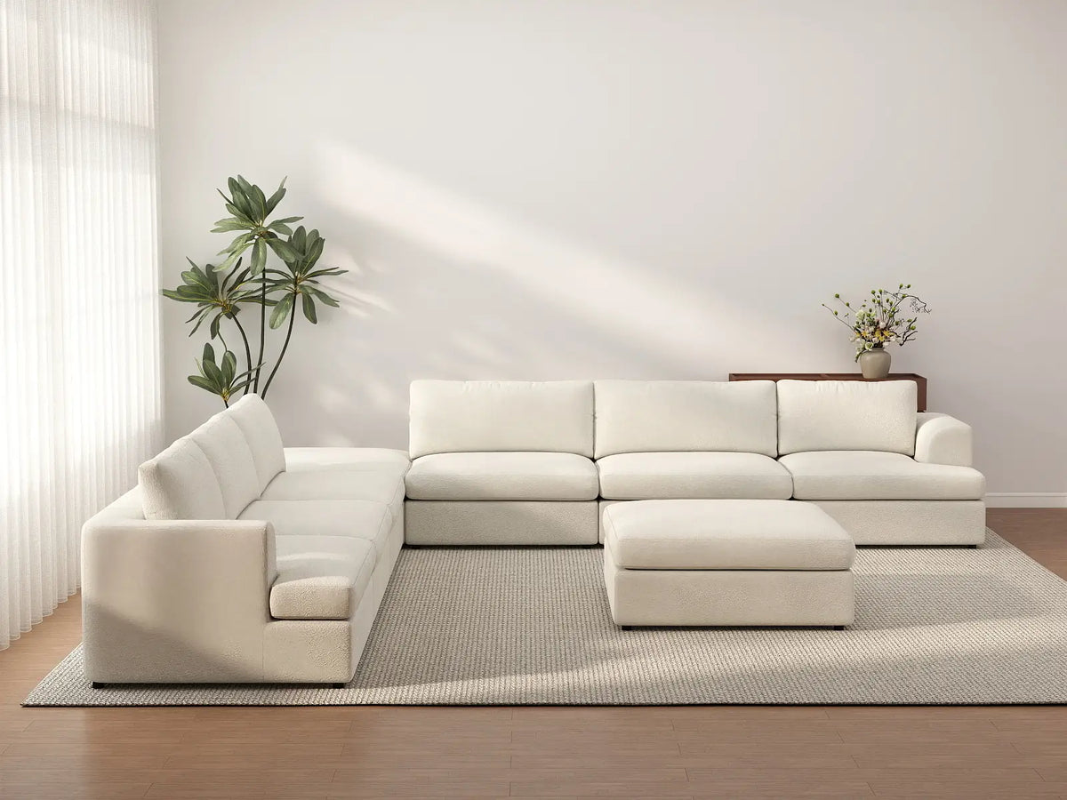 Deluxe Cloud 6-Seater White Open Space Sofa Set | 8-Piece (Includes 2 Ottomans), Bouclé Sherpa-Like Fabric, Easy To Clean