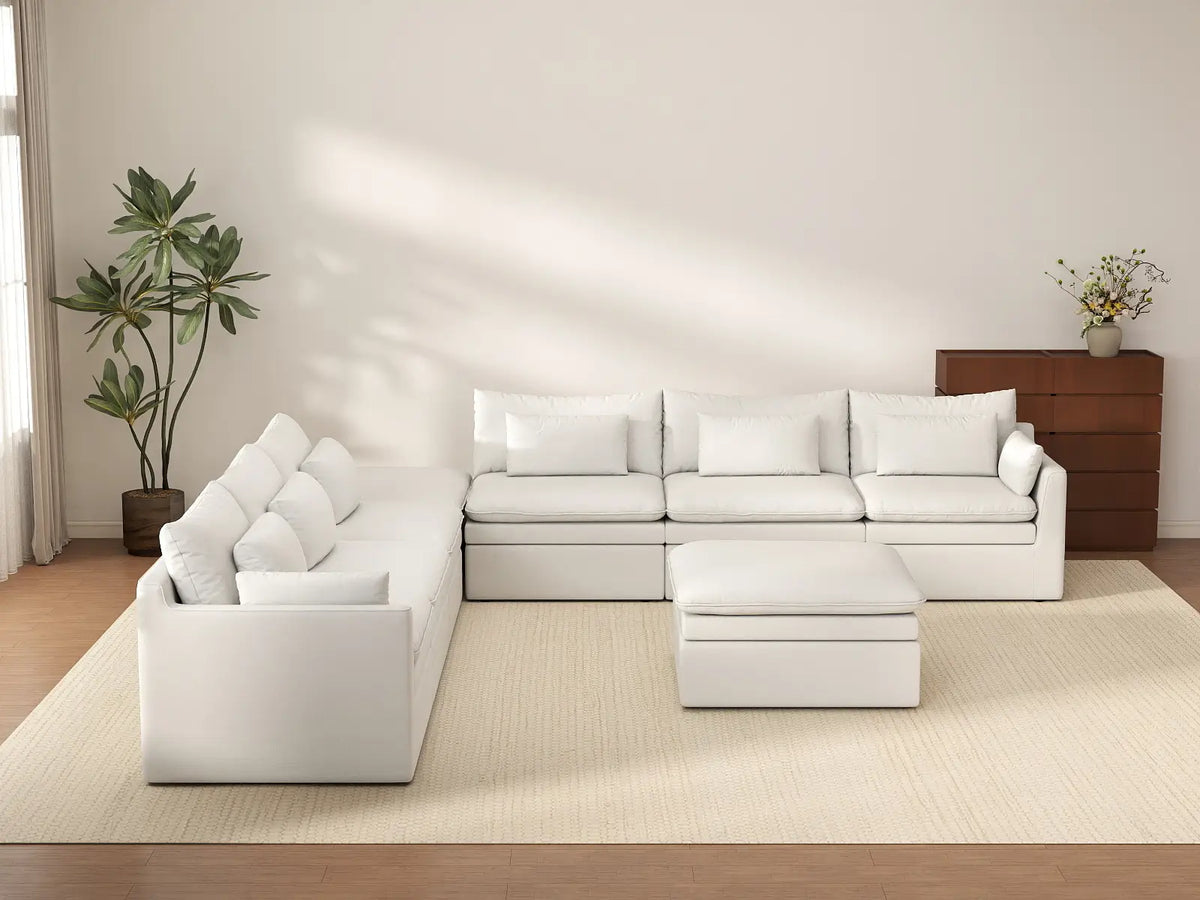 Deluxe Cloud 6-Seater White Open Space Sofa Set | 8-Piece (Includes 2 Ottomans), Linen Look Poly Fabric, Easy To Clean
