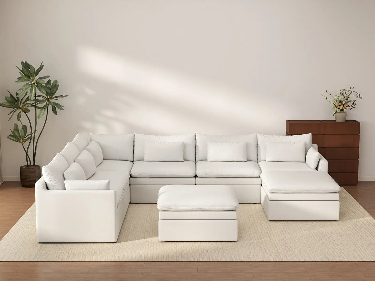 Deluxe Cloud 6-Seater White Open Space Sofa Set | 8-Piece (Includes 2 Ottomans), Linen Look Poly Fabric, Easy To Clean