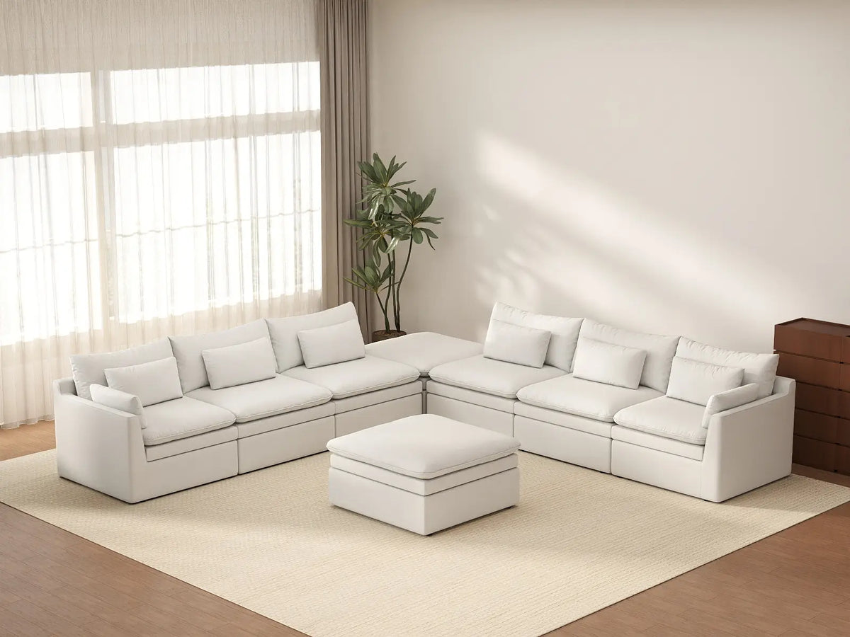 Deluxe Cloud 6-Seater White Open Space Sofa Set | 8-Piece (Includes 2 Ottomans), Linen Look Poly Fabric, Easy To Clean
