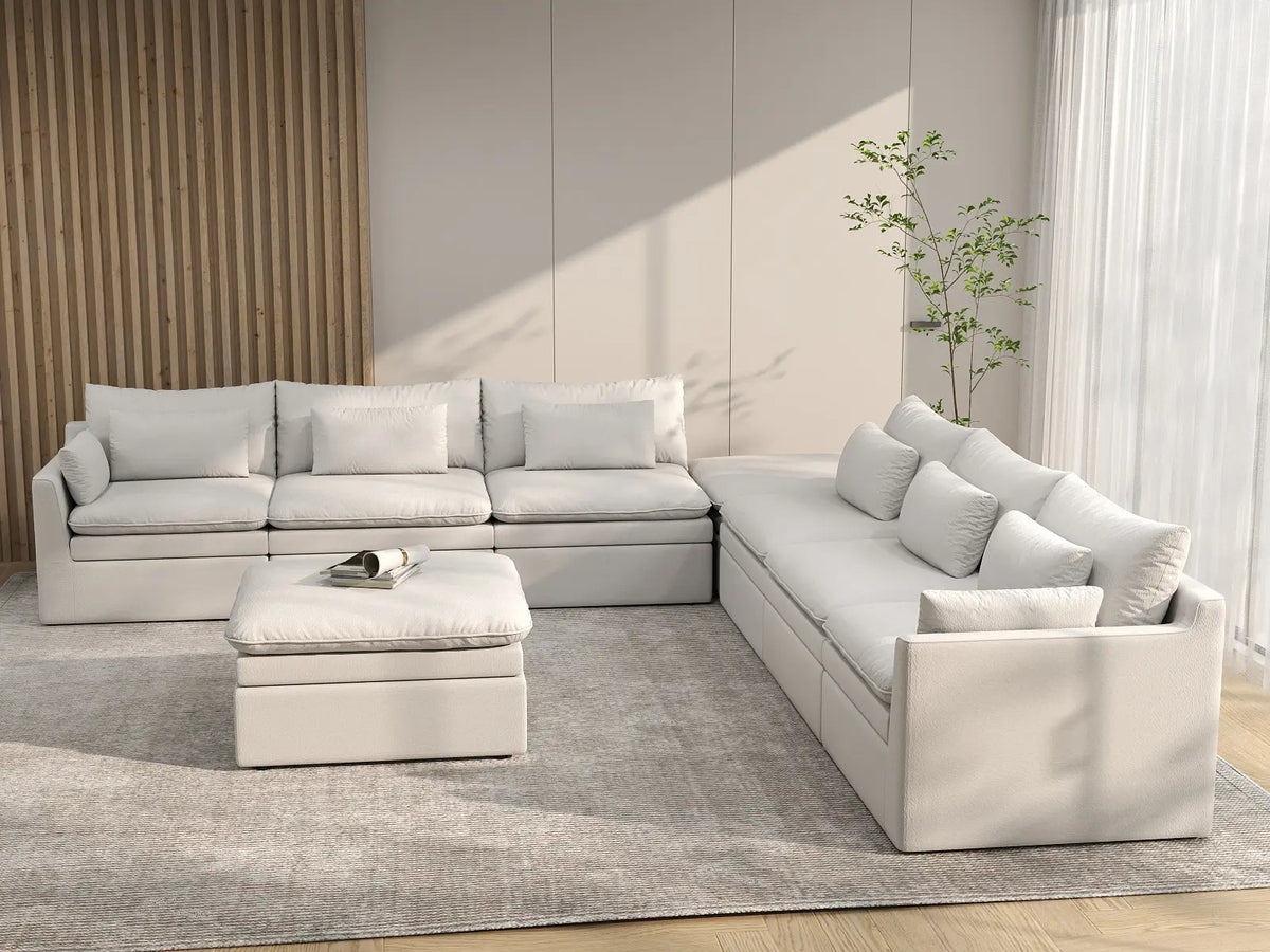 Deluxe Cloud 6-Seater White Open Space Sofa Set | 8-Piece (Includes 2 Ottomans), Linen Look Poly Fabric, Easy To Clean