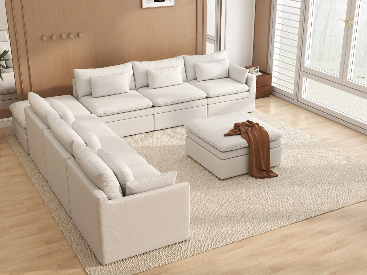 Deluxe Cloud 6-Seater White Open Space Sofa Set | 8-Piece (Includes 2 Ottomans), Linen Look Poly Fabric, Easy To Clean