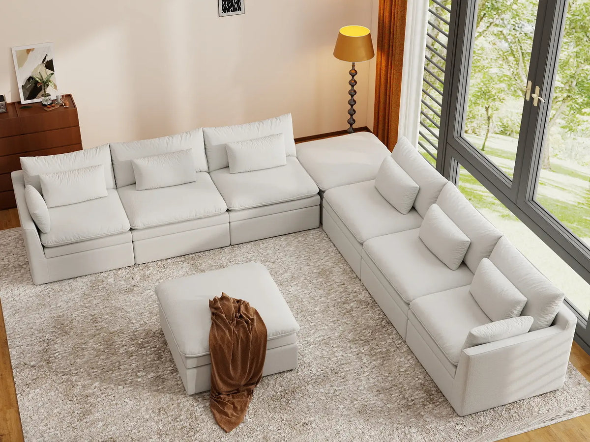 Deluxe Cloud 6-Seater White Open Space Sofa Set | 8-Piece (Includes 2 Ottomans), Linen Look Poly Fabric, Easy To Clean