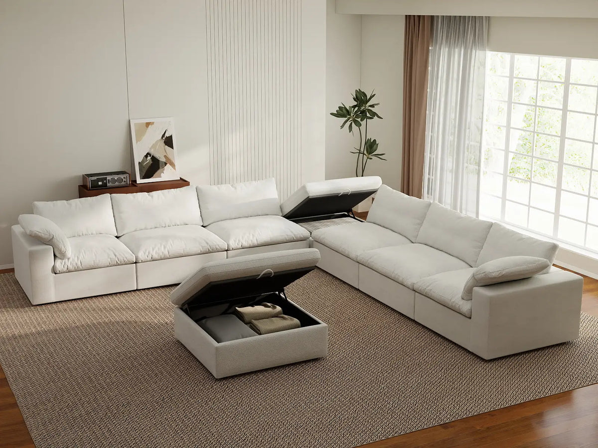 Deluxe Cloud 6-Seater White Sofa Set | 8-Piece (Includes 2 Ottomans), Cotton And Linen Fabric, Living Room, Washable Cushion Covers