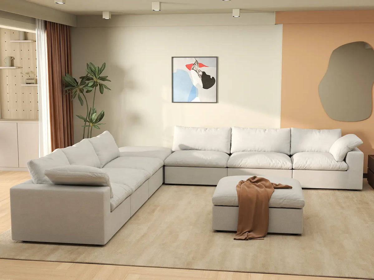 Deluxe Cloud 6-Seater White Sofa Set | 8-Piece (Includes 2 Ottomans), Cotton And Linen Fabric, Living Room, Washable Cushion Covers