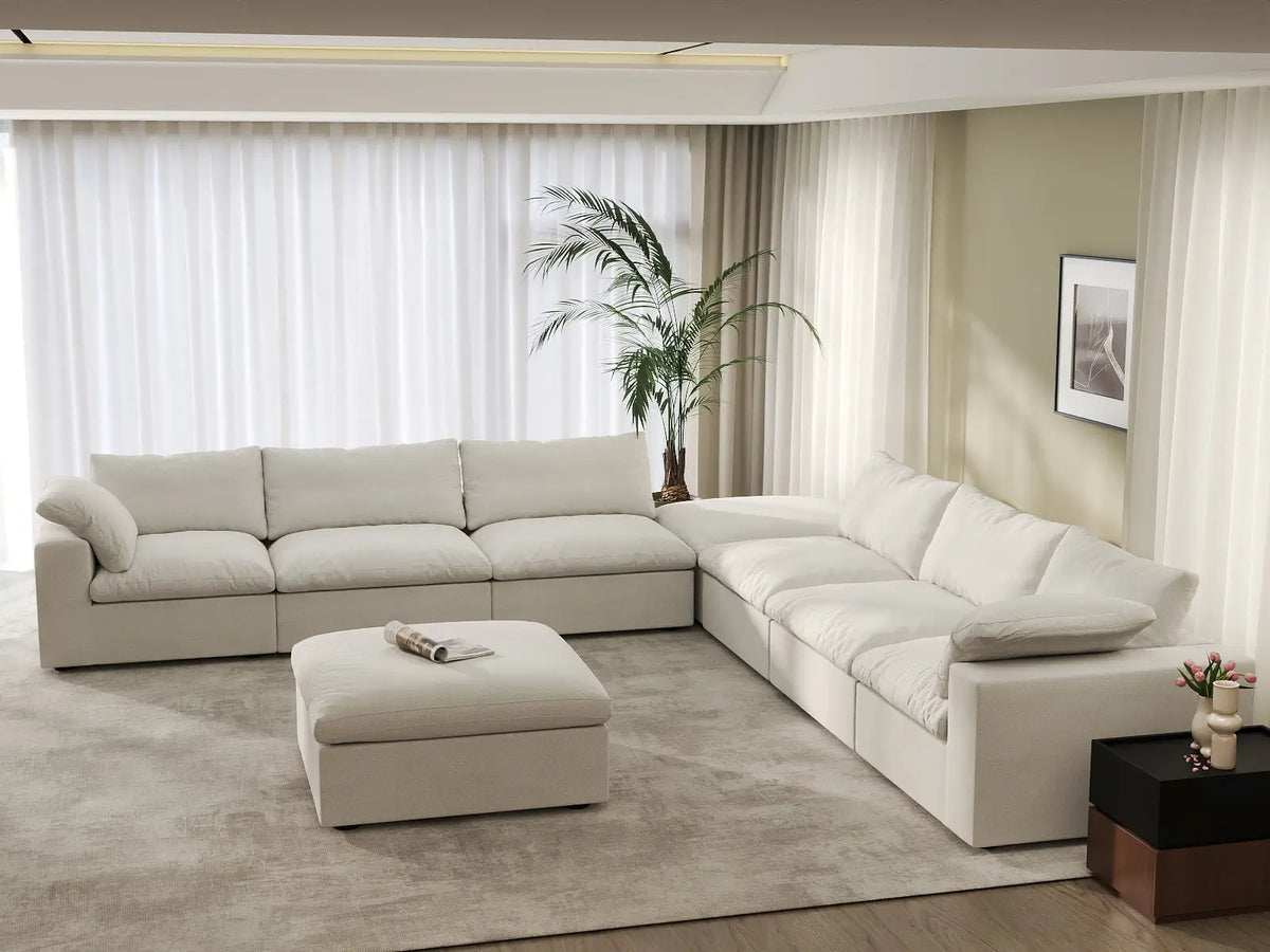 Deluxe Cloud 6-Seater White Sofa Set | 8-Piece (Includes 2 Ottomans), Cotton And Linen Fabric, Living Room, Washable Cushion Covers