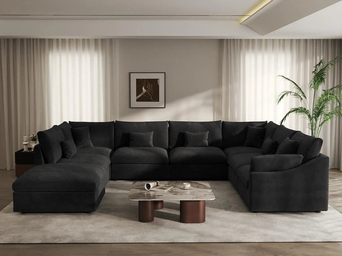 Deluxe Cloud 7-Seater Black Pit Sectional | 8-Piece (Includes 1 Ottoman), Chenille And Linen Fabric, Washable Cushion Covers