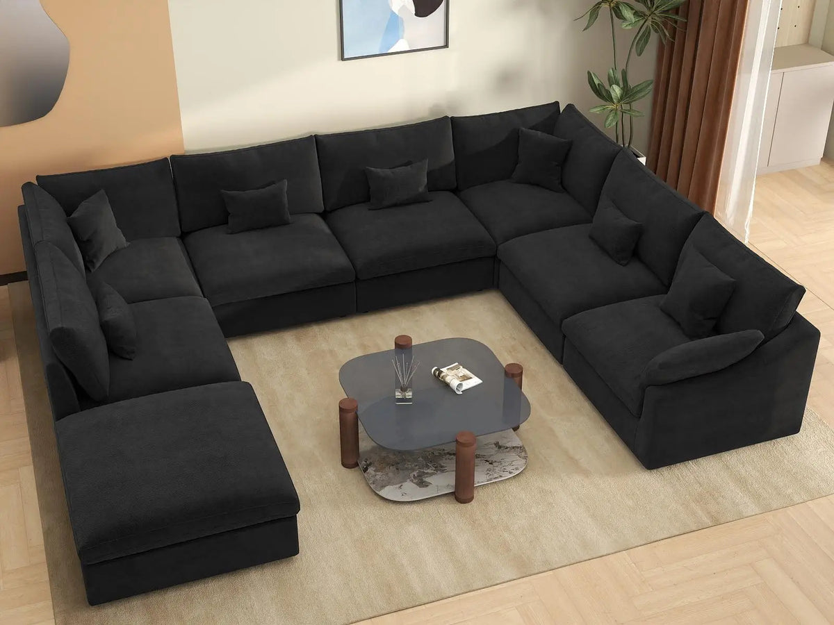 Deluxe Cloud 7-Seater Black Pit Sectional | 8-Piece (Includes 1 Ottoman), Chenille And Linen Fabric, Washable Cushion Covers