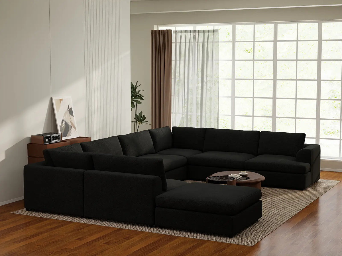 Deluxe Cloud 7-Seater Black U-Shaped Sectional | 8-Piece (Includes 1 Ottoman), Bouclé Sherpa-Like Fabric, Washable Cushion Covers