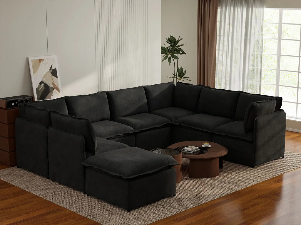 Deluxe Cloud 7-Seater Black U-Shaped Sectional | 8-Piece (Includes 1 Ottoman), Linen Look Poly Fabric, Washable Cushion Covers