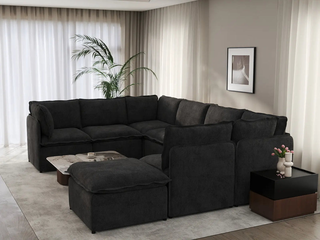 Deluxe Cloud 7-Seater Black U-Shaped Sectional | 8-Piece (Includes 1 Ottoman), Linen Look Poly Fabric, Washable Cushion Covers