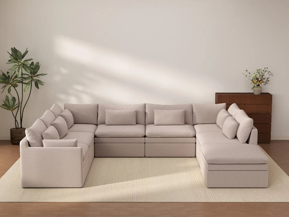 Deluxe Cloud 7-Seater Khaki U-Shaped Sectional | 8-Piece (Includes 1 Ottoman), Linen Look Poly Fabric, Washable Cushion Covers