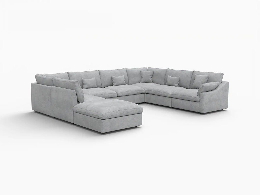 Deluxe Cloud 7-Seater Light Grey Open Space Pit Sectional | 8-Piece (Includes 1 Ottoman), Chenille And Linen Fabric, Easy To Clean