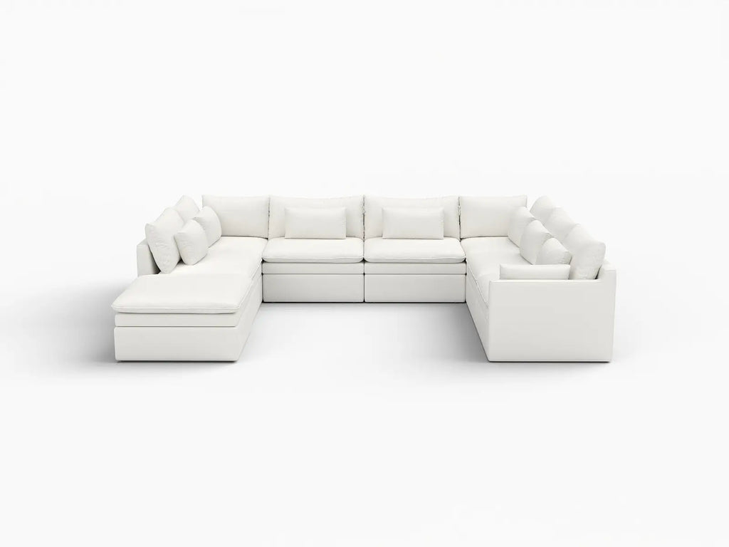 Deluxe Cloud 7-Seater White Open Space U-Shaped Sectional | 8-Piece (Includes 1 Ottoman), Linen Look Poly Fabric, Easy To Clean