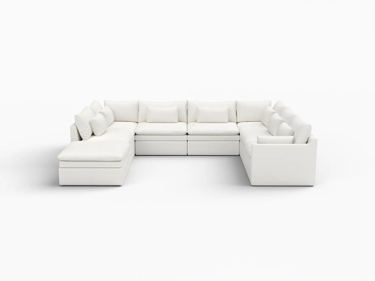 Deluxe Cloud 7-Seater White Open Space U-Shaped Sectional | 8-Piece (Includes 1 Ottoman), Linen Look Poly Fabric, Easy To Clean