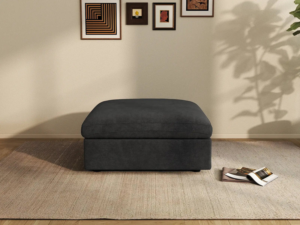 Deluxe Cloud Black Washable Ottoman | 1-Piece, Chenille and Linen Fabric, Modular Design