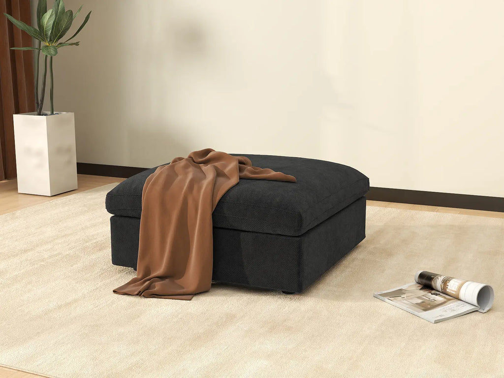 Deluxe Cloud Black Washable Ottoman | 1-Piece, Chenille and Linen Fabric, Modular Design