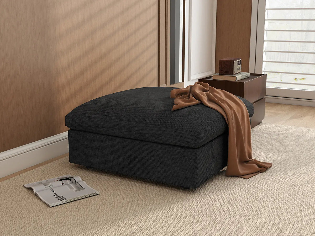 Deluxe Cloud Black Washable Ottoman | 1-Piece, Chenille and Linen Fabric, Modular Design