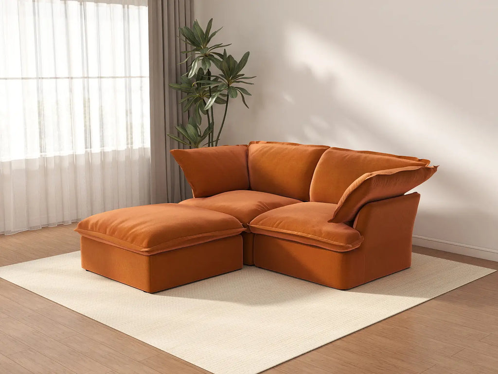 Deluxe Cloud Dark Orange 2-Seater Chaise Sectional | 3-Piece (includes 1 ottoman), Velvet Fabric, Storage Ottoman