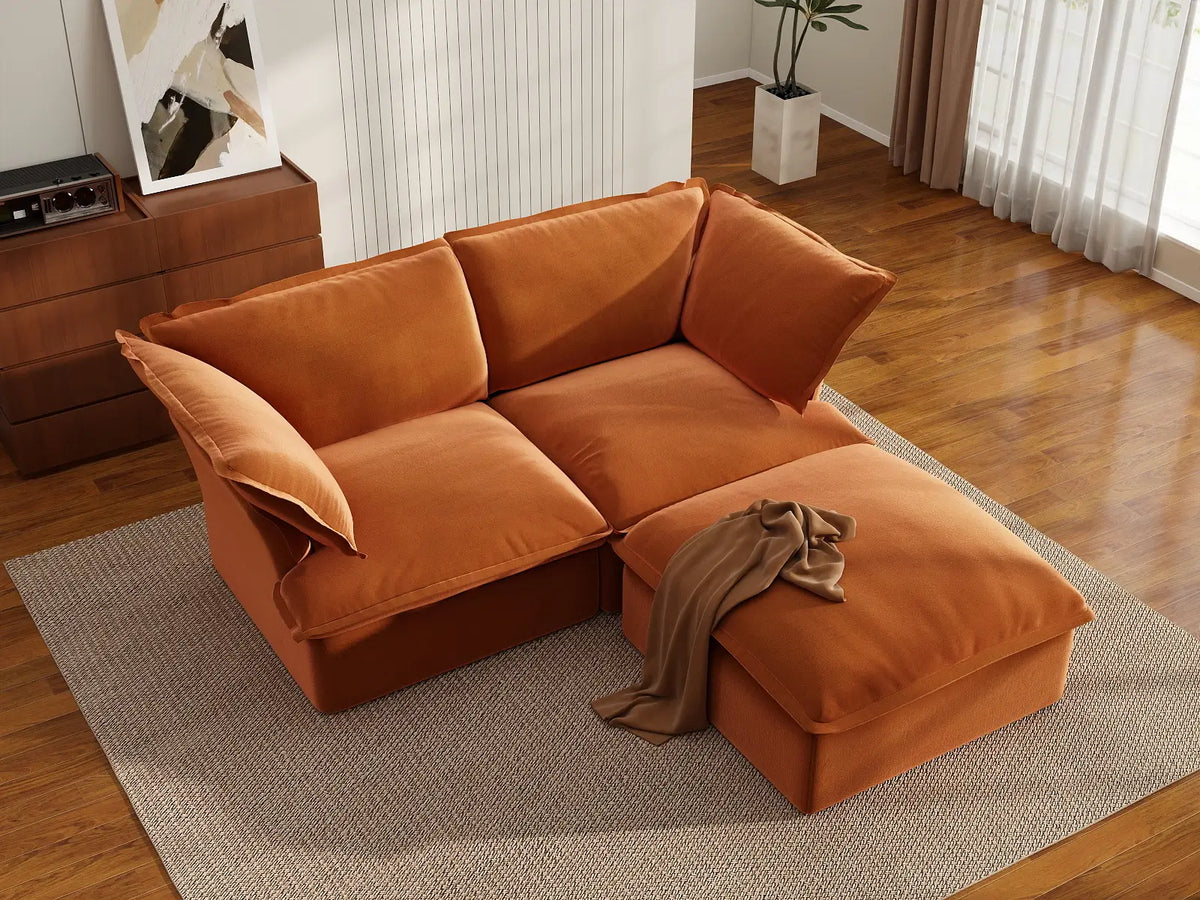 Deluxe Cloud Dark Orange 2-Seater Chaise Sectional | 3-Piece (includes 1 ottoman), Velvet Fabric, Storage Ottoman