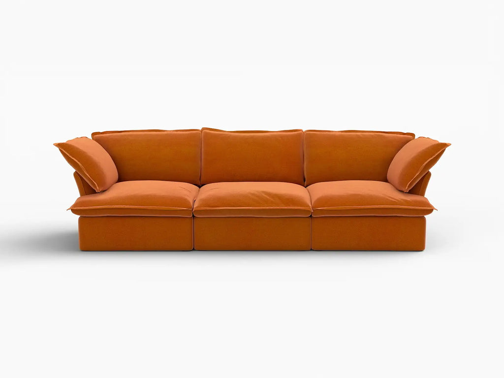 Deluxe Cloud Dark Orange 3-Seater Modular Couch | 3-Piece, Velvet Fabric, Washable Covers