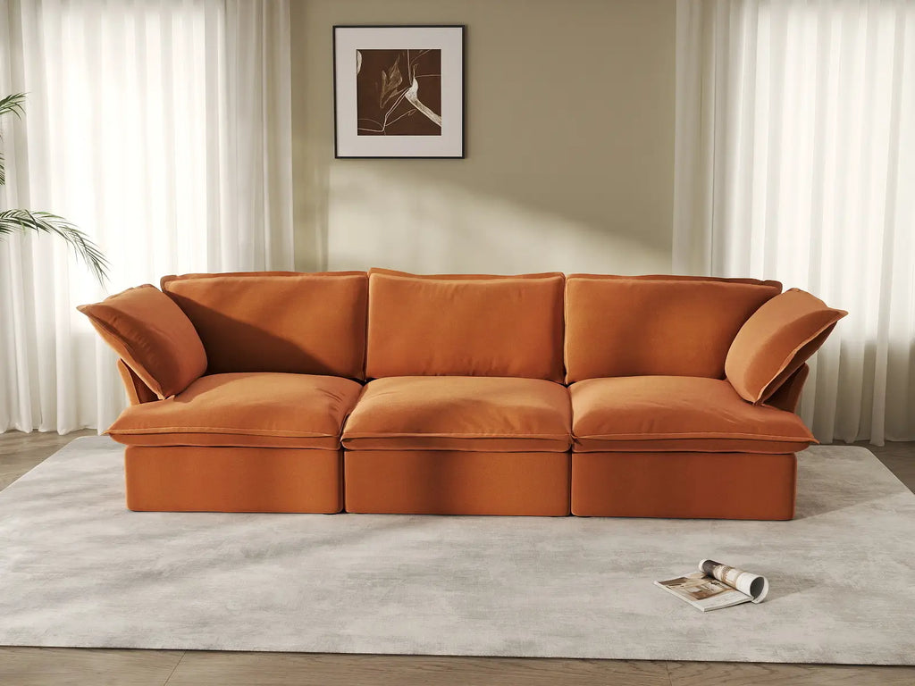 Deluxe Cloud Dark Orange 3-Seater Modular Couch | 3-Piece, Velvet Fabric, Washable Covers