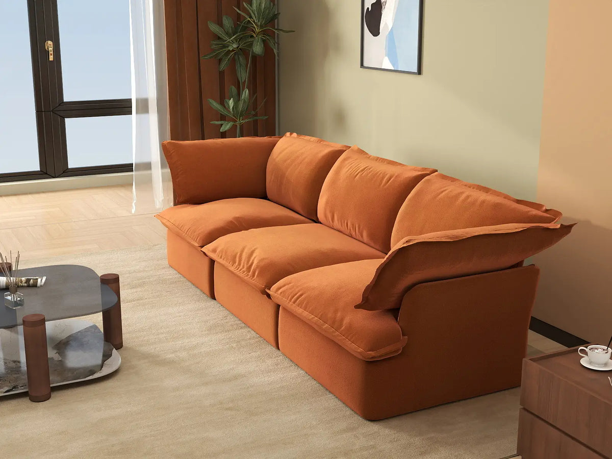 Deluxe Cloud Dark Orange 3-Seater Modular Couch | 3-Piece, Velvet Fabric, Washable Covers