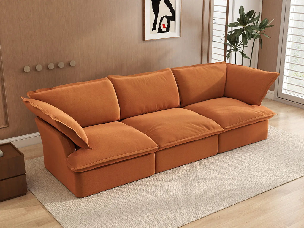 Deluxe Cloud Dark Orange 3-Seater Modular Couch | 3-Piece, Velvet Fabric, Washable Covers